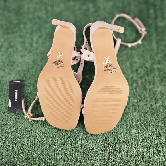 Express Soft Blush Gold Stud Strappy Block Heels Size 10 Brand New - Picture 6 of 8